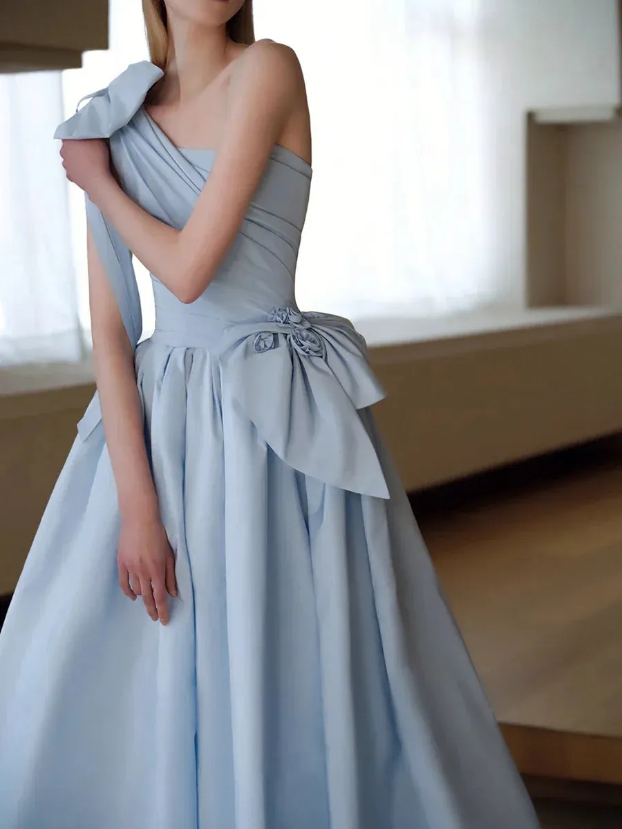 A line Light Sky Blue Party Dresses Long Satin One Shoulder Prom Dresses With Bow