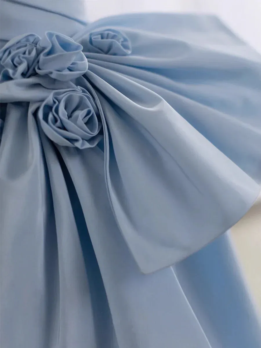 A line Light Sky Blue Party Dresses Long Satin One Shoulder Prom Dresses With Bow