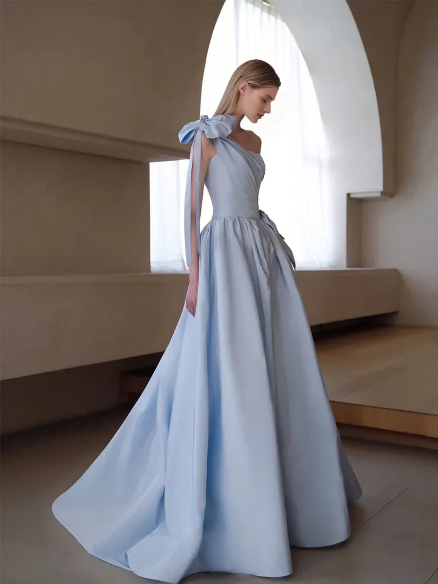 A line Light Sky Blue Party Dresses Long Satin One Shoulder Prom Dresses With Bow