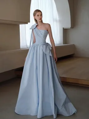 A line Light Sky Blue Party Dresses Long Satin One Shoulder Prom Dresses With Bow