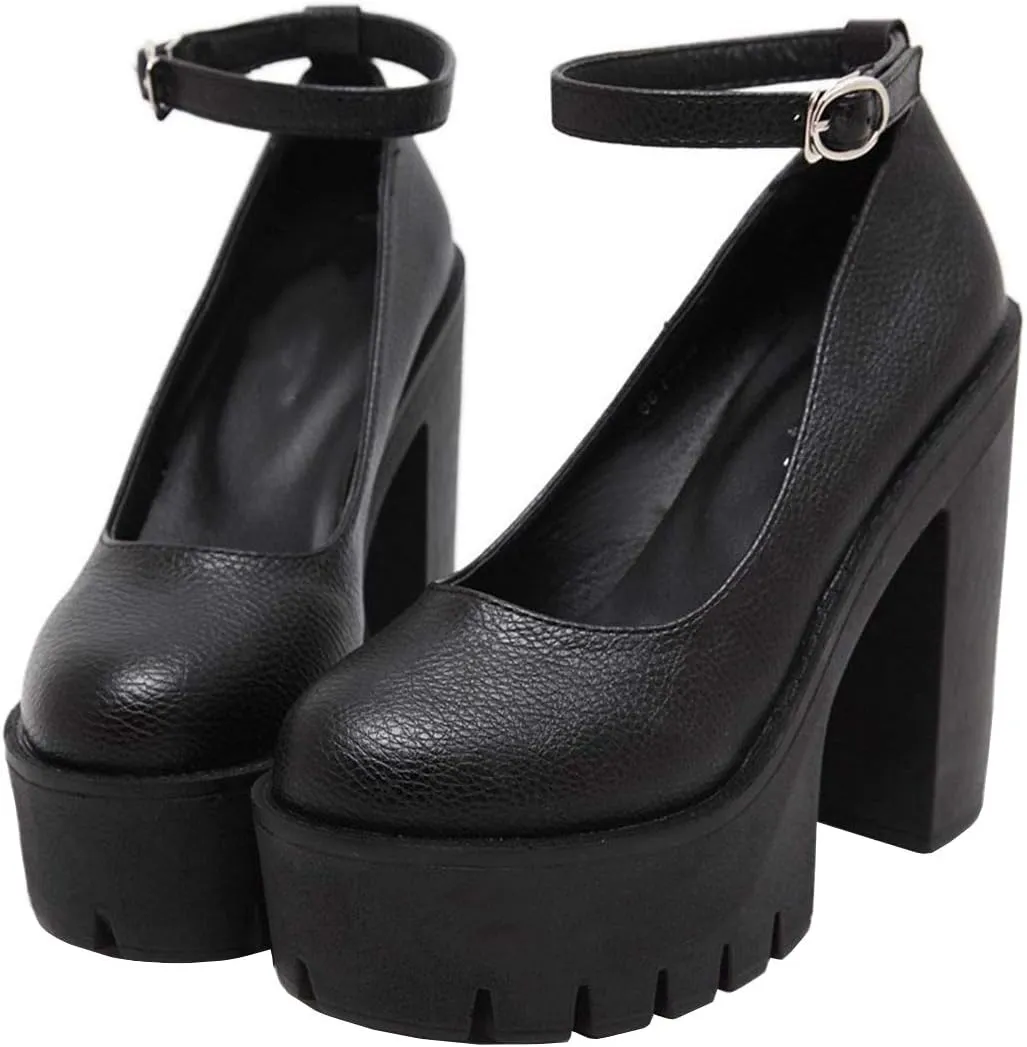 AIMODOR Womens Goth Platform Chunky High Heel Gothic Ankle Strap Pumps Closed Toe Shoes
