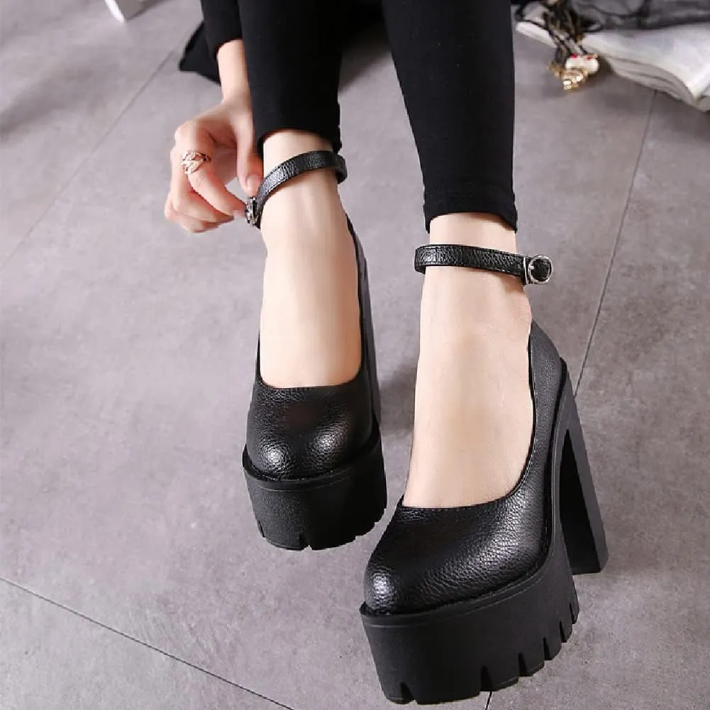 AIMODOR Womens Goth Platform Chunky High Heel Gothic Ankle Strap Pumps Closed Toe Shoes