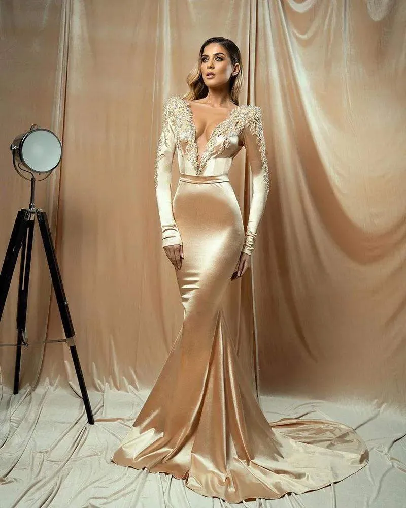 Beige Velvet Evening Dress