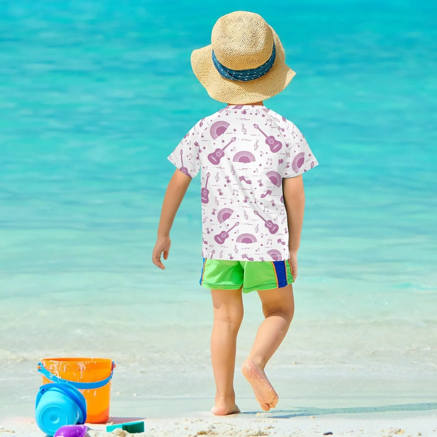 Boys Rash Guard Short Sleeve UPF 50  Shoes Notes Guitars Quick Dry Swim Shirts Swimwear for 3-12Y
