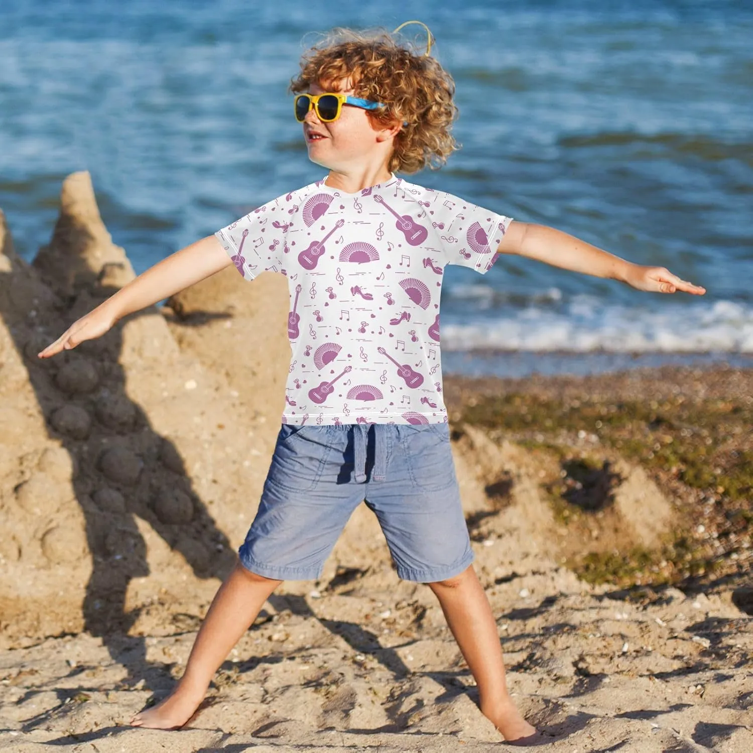 Boys Rash Guard Short Sleeve UPF 50  Shoes Notes Guitars Quick Dry Swim Shirts Swimwear for 3-12Y
