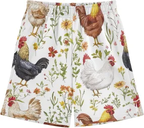 CHIFIGNO Colorful Roosters Cute Flowers Casual Shorts with Pockets for Boys Pull on Sport Shorts Streetwear 7-15Y