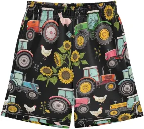 CHIFIGNO Youth Boy Casual Shorts Colorful Roosters Cute Tractors Pull on Cool Shorts with Pockets Sports 7-15Y