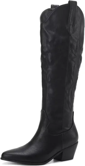 CIERWS Women's Embroidered Western Cowboy Boots Cowgirl Boots Knee High Medium Heel Chunky Heel Classic Retro Boots