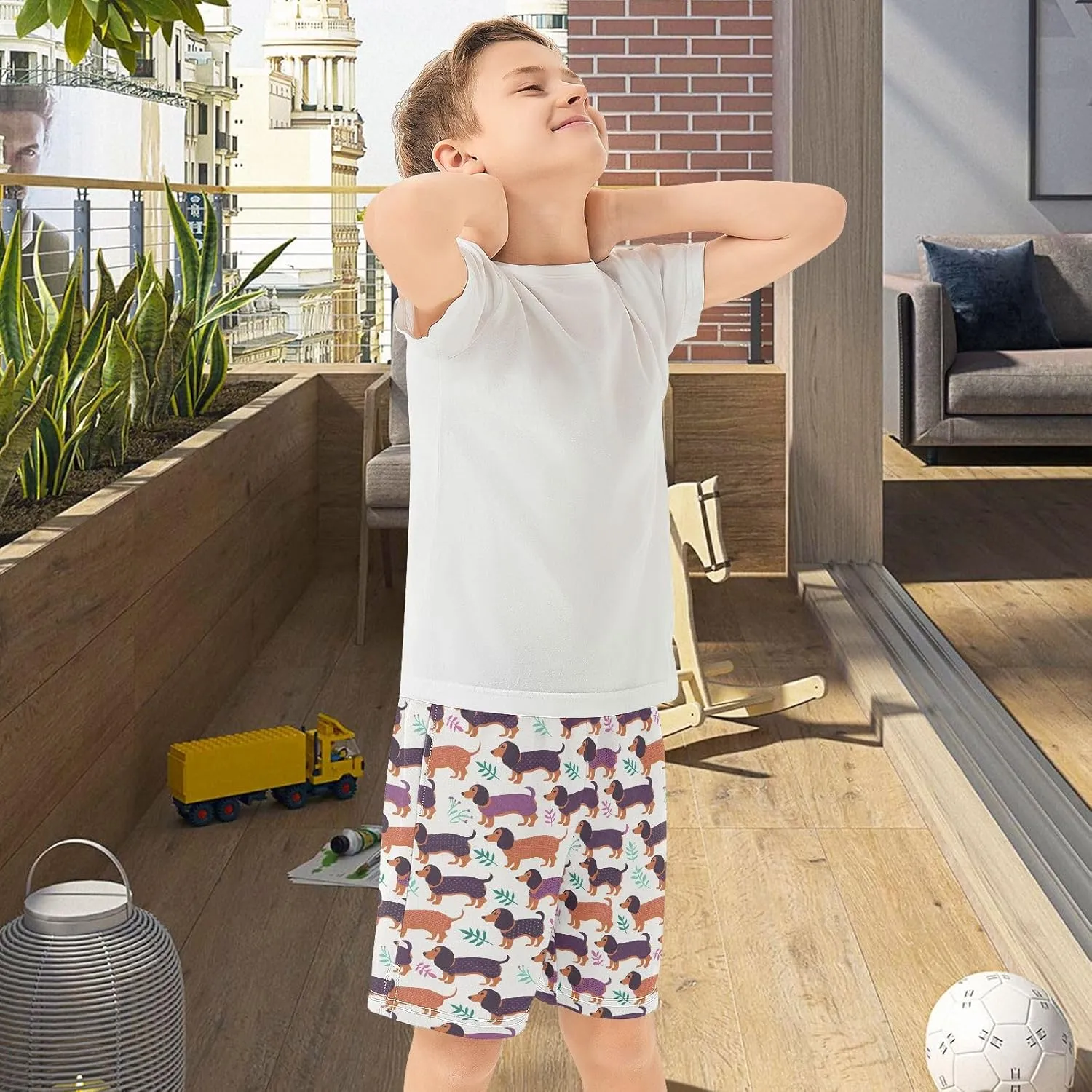 Colorful Dachshund Print Boys' Shorts Pants Summer Lounge Bottoms Boys Elastic Waist with Pockets