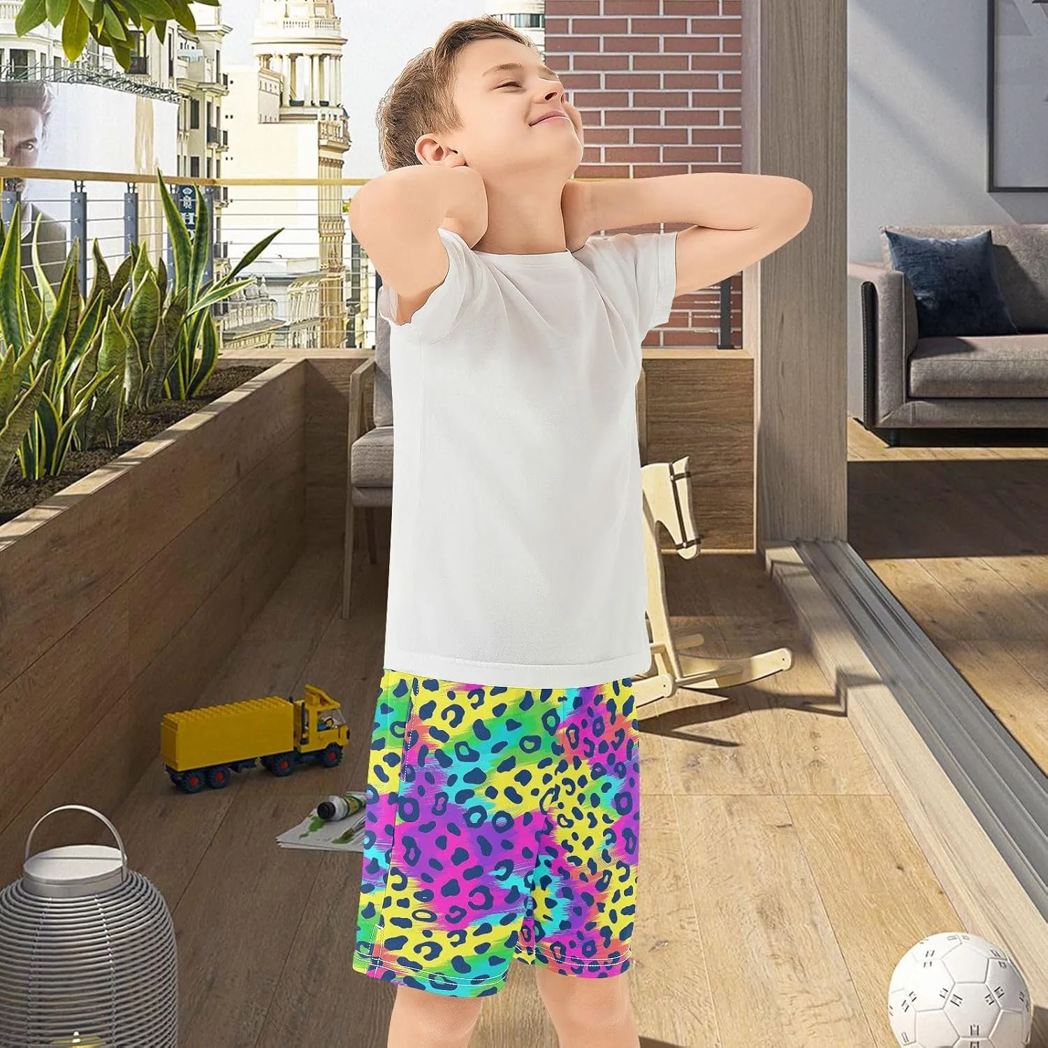 Colorful Leopard Theme Boys' Shorts Pants Summer Lounge Bottoms Boys Elastic Waist with Pockets