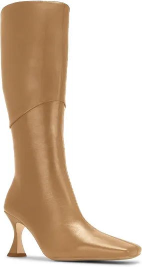 Coutgo Womens Kitten Heel Knee High Boots Wide Calf Square Toe Leather Boot Shoes with Zipper