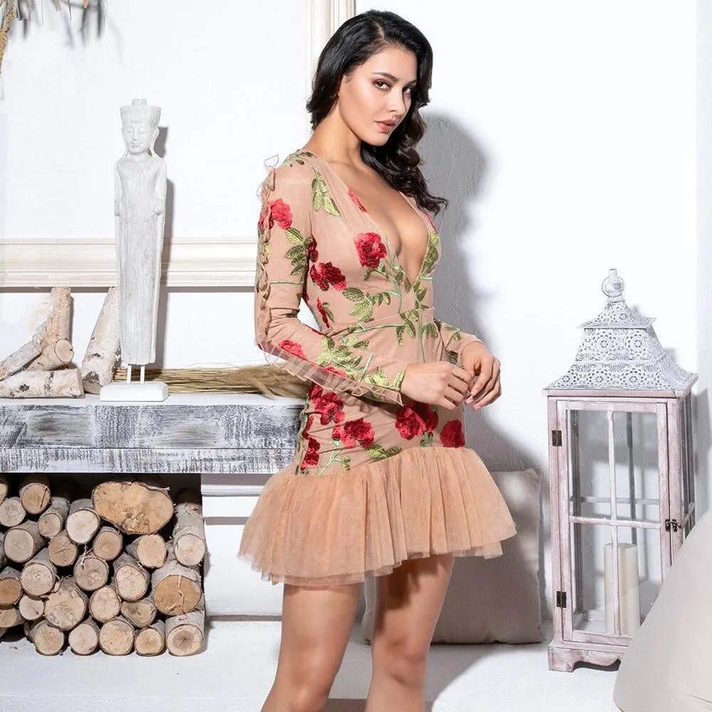 Deep V-Neck Ruffle Trim Mesh Mesh Embroidery Material Long Sleeve Going Out Dress