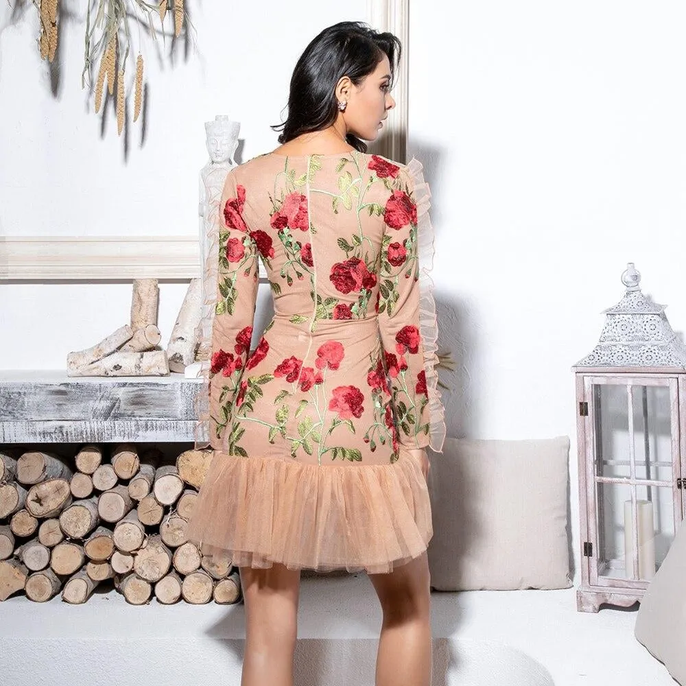 Deep V-Neck Ruffle Trim Mesh Mesh Embroidery Material Long Sleeve Going Out Dress
