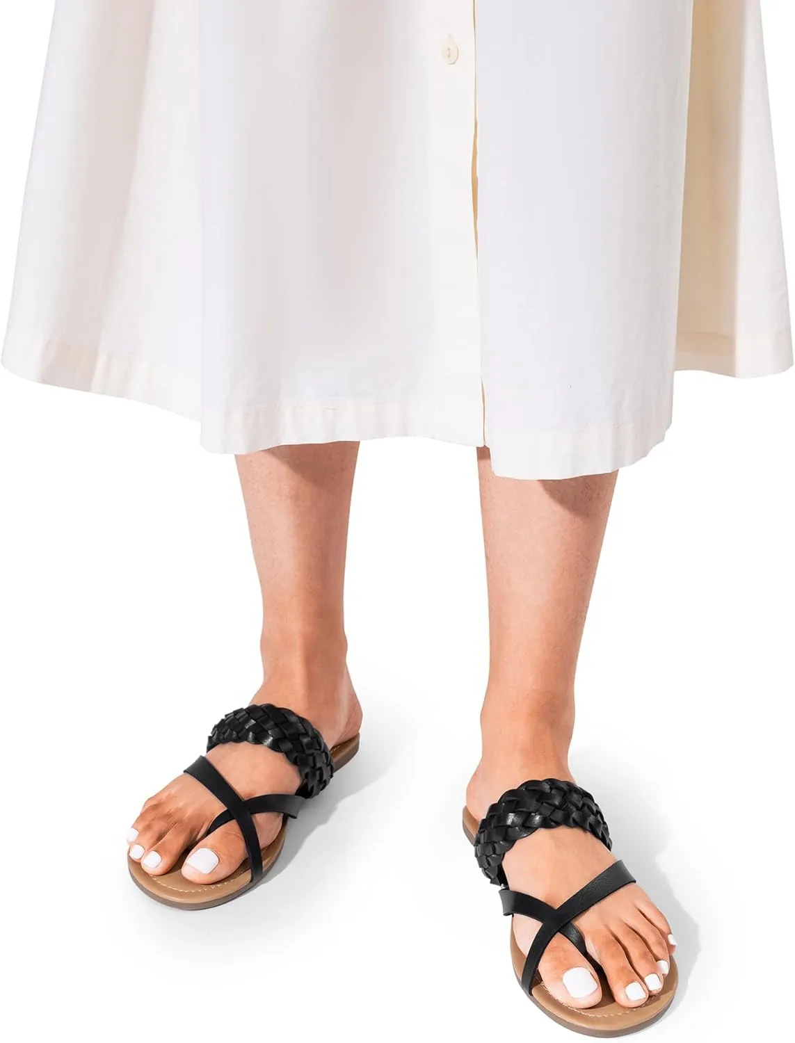 DREAM PAIRS Women's Slip On Leather Braided Flip Flops Casual Cross Band Thong Slide Flat Sandals for Summer Beach Walking