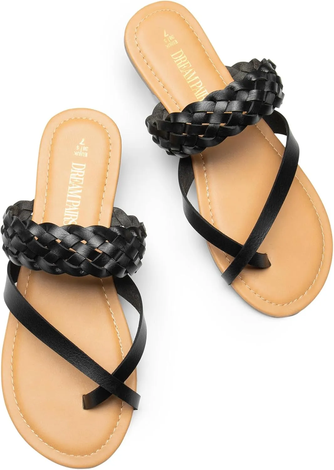 DREAM PAIRS Women's Slip On Leather Braided Flip Flops Casual Cross Band Thong Slide Flat Sandals for Summer Beach Walking