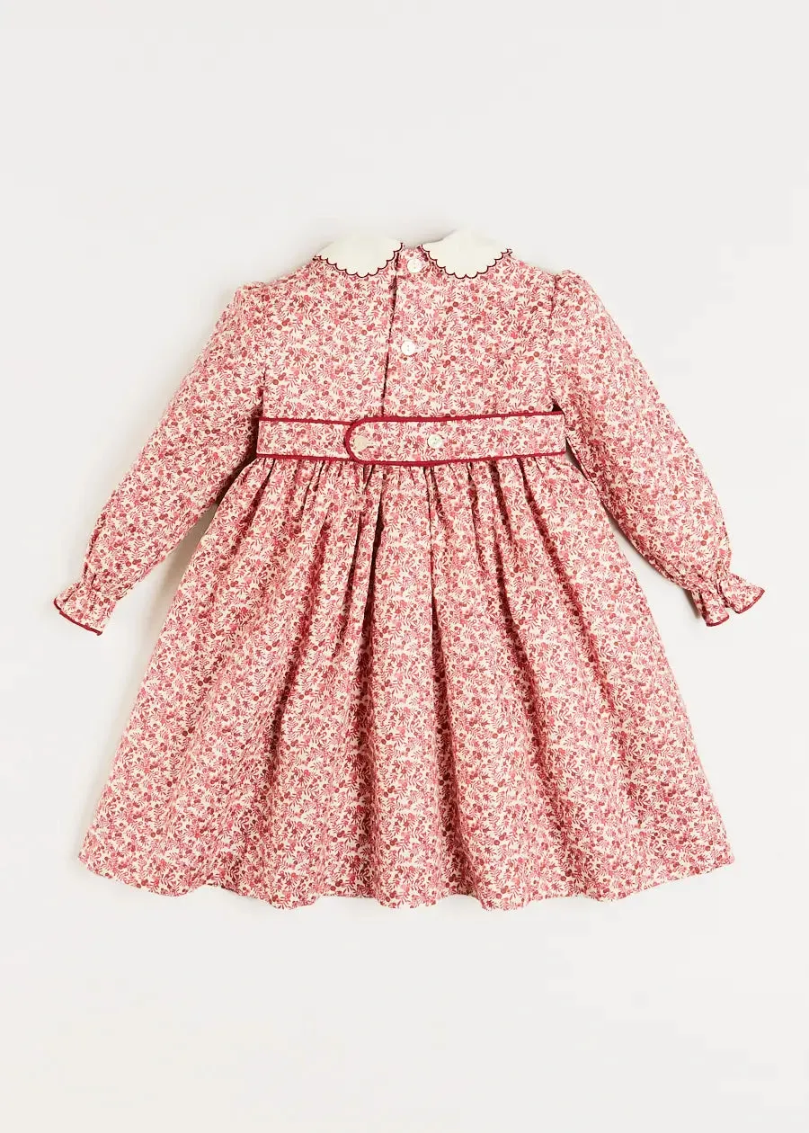 Evelyn Floral Handsmocked Long Sleeve Dress in Pink (12mths-6yrs)
