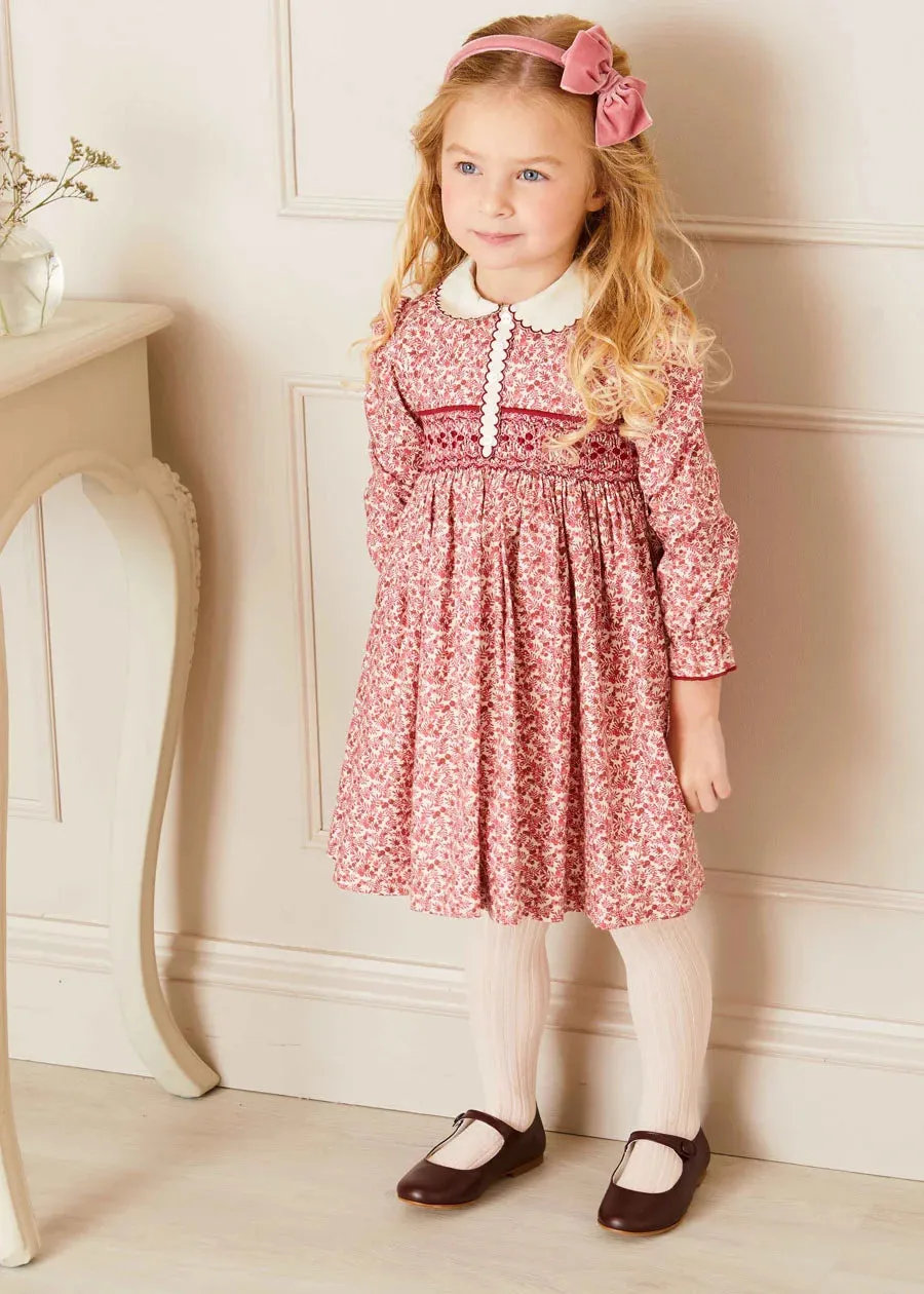 Evelyn Floral Handsmocked Long Sleeve Dress in Pink (12mths-6yrs)