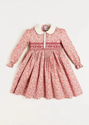 Evelyn Floral Handsmocked Long Sleeve Dress in Pink (12mths-6yrs)