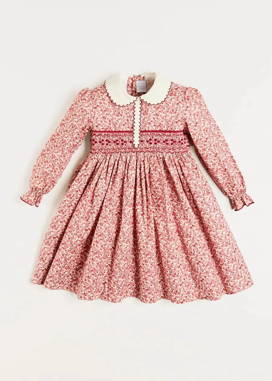 Evelyn Floral Handsmocked Long Sleeve Dress in Pink (12mths-6yrs)