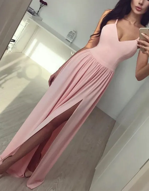 Fabulous Satin Spaghetti Straps A-line Prom Dresses With Slit Sexy Party Dresses Formal Dress