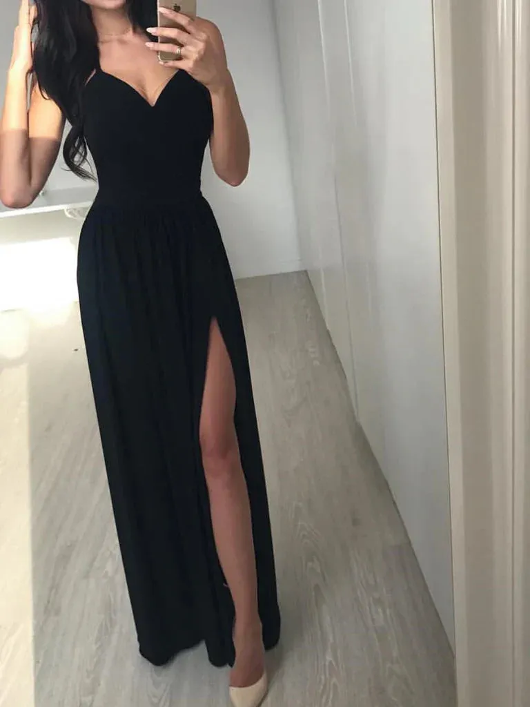 Fabulous Satin Spaghetti Straps A-line Prom Dresses With Slit Sexy Party Dresses Formal Dress
