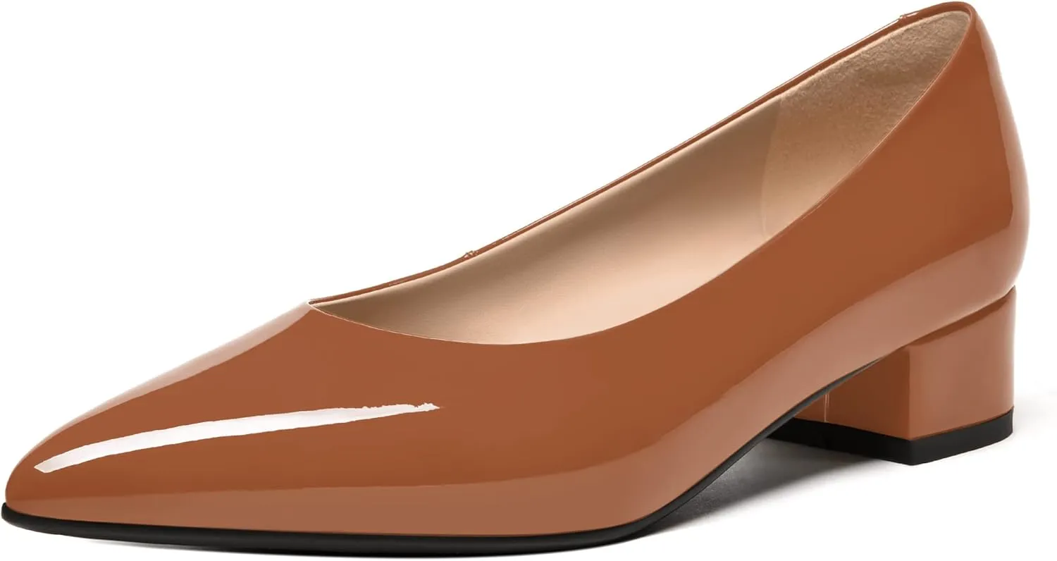 FEMSTEP Women's Low Heels Pointed Toe Casual Patent Leather Slip On Chunky Pumps Shoes 1.5 Inch