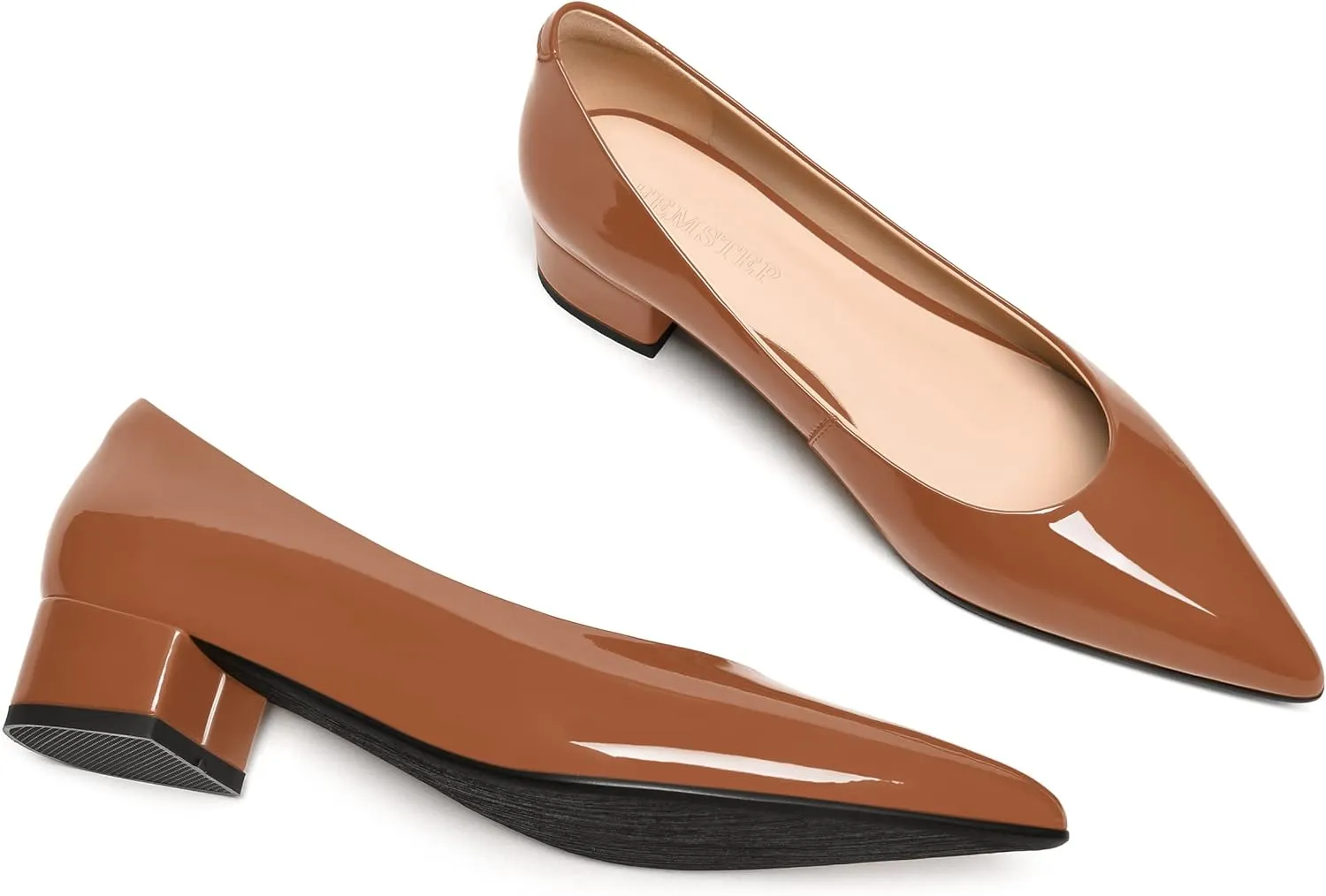 FEMSTEP Women's Low Heels Pointed Toe Casual Patent Leather Slip On Chunky Pumps Shoes 1.5 Inch