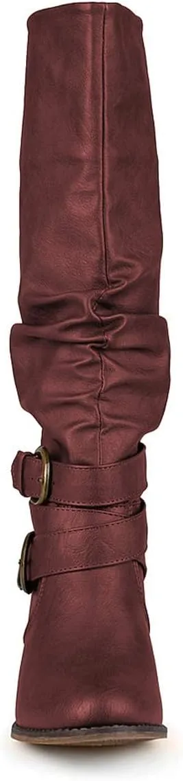 FOWT Leather Slouchy Knee High Booties for Women Round Toe Mid Stacked Block Heels Long Boots Two Strappy Buckles Pinky Bootie Pull On Ladies Fall Winter Jeans Shoes Full Size 4-15 M US