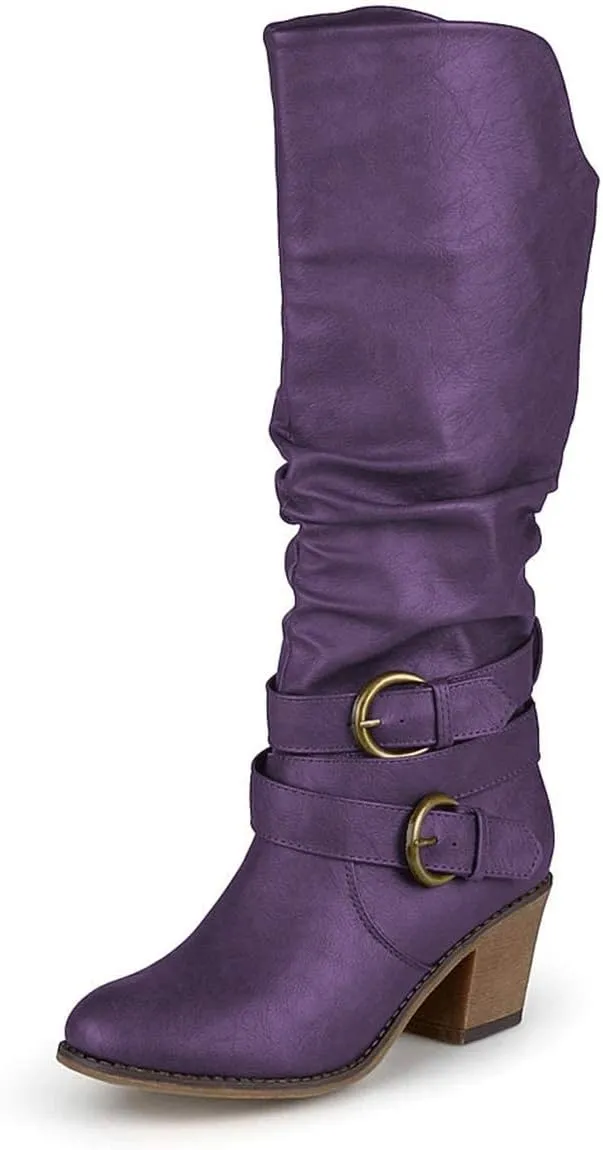 FOWT Leather Slouchy Knee High Booties for Women Round Toe Mid Stacked Block Heels Long Boots Two Strappy Buckles Pinky Bootie Pull On Ladies Fall Winter Jeans Shoes Full Size 4-15 M US