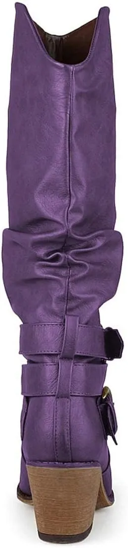 FOWT Leather Slouchy Knee High Booties for Women Round Toe Mid Stacked Block Heels Long Boots Two Strappy Buckles Pinky Bootie Pull On Ladies Fall Winter Jeans Shoes Full Size 4-15 M US