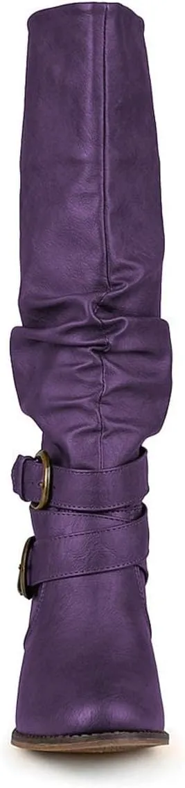 FOWT Leather Slouchy Knee High Booties for Women Round Toe Mid Stacked Block Heels Long Boots Two Strappy Buckles Pinky Bootie Pull On Ladies Fall Winter Jeans Shoes Full Size 4-15 M US