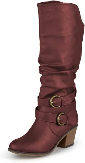 FOWT Leather Slouchy Knee High Booties for Women Round Toe Mid Stacked Block Heels Long Boots Two Strappy Buckles Pinky Bootie Pull On Ladies Fall Winter Jeans Shoes Full Size 4-15 M US