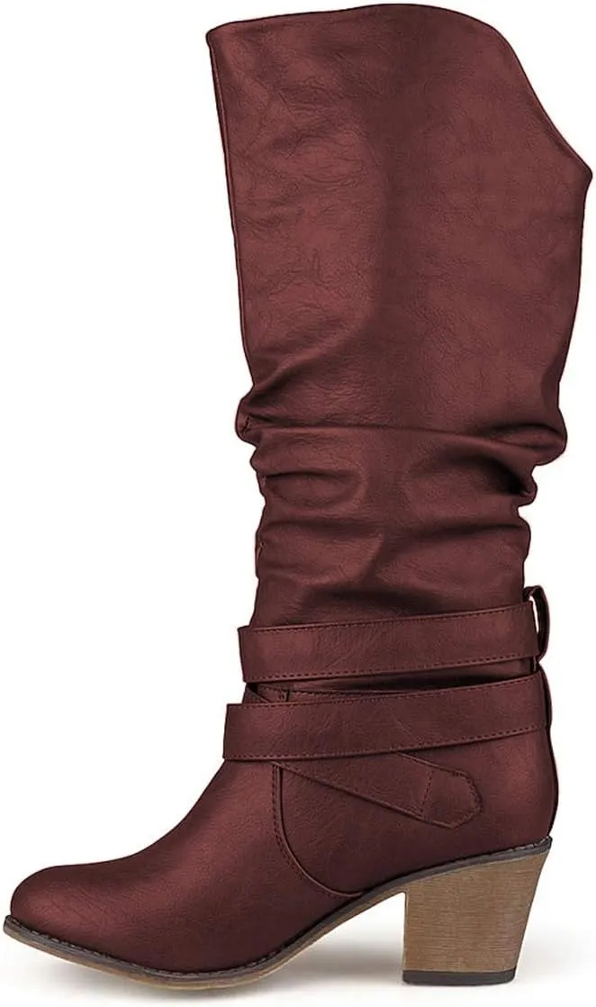 FOWT Leather Slouchy Knee High Booties for Women Round Toe Mid Stacked Block Heels Long Boots Two Strappy Buckles Pinky Bootie Pull On Ladies Fall Winter Jeans Shoes Full Size 4-15 M US