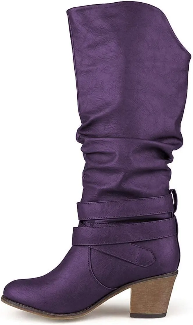 FOWT Leather Slouchy Knee High Booties for Women Round Toe Mid Stacked Block Heels Long Boots Two Strappy Buckles Pinky Bootie Pull On Ladies Fall Winter Jeans Shoes Full Size 4-15 M US