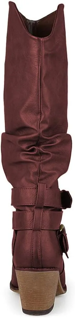 FOWT Leather Slouchy Knee High Booties for Women Round Toe Mid Stacked Block Heels Long Boots Two Strappy Buckles Pinky Bootie Pull On Ladies Fall Winter Jeans Shoes Full Size 4-15 M US