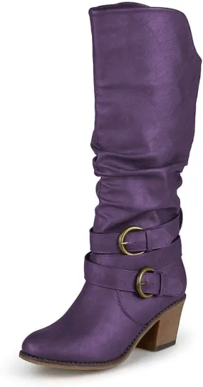 FOWT Leather Slouchy Knee High Booties for Women Round Toe Mid Stacked Block Heels Long Boots Two Strappy Buckles Pinky Bootie Pull On Ladies Fall Winter Jeans Shoes Full Size 4-15 M US