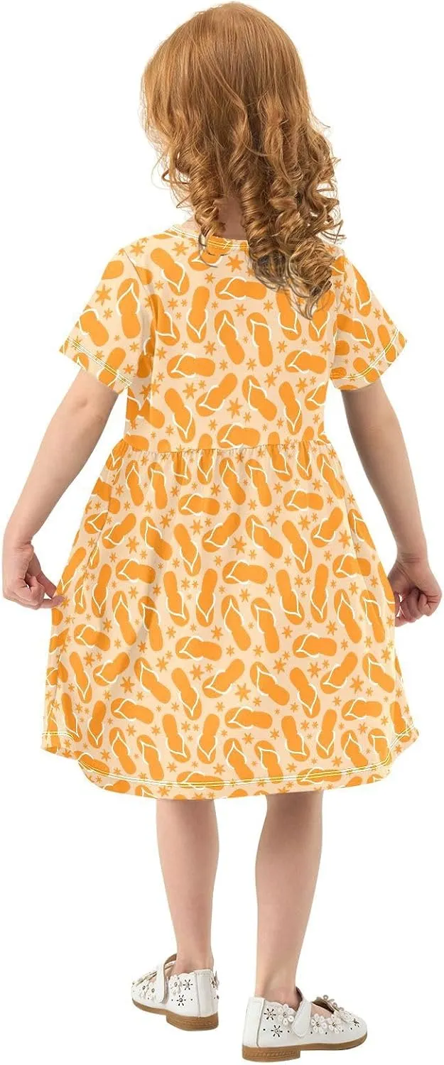 Girls Dress Short Sleeve Flip Flops Toddler Skater A Line T-Shirt Casual Dresses for School 2-8Y