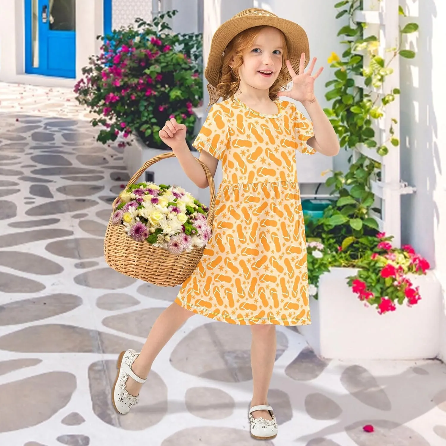 Girls Dress Short Sleeve Flip Flops Toddler Skater A Line T-Shirt Casual Dresses for School 2-8Y