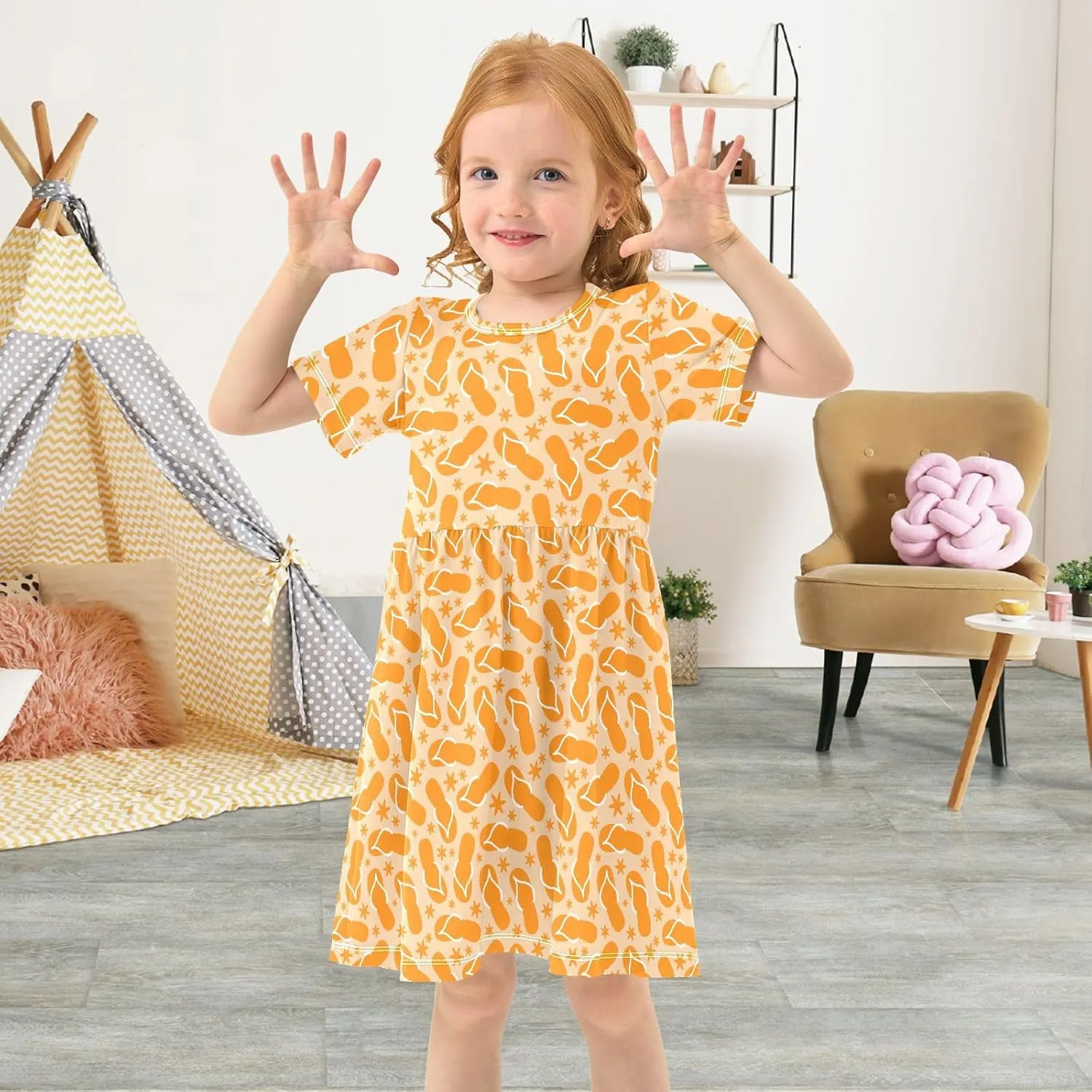 Girls Dress Short Sleeve Flip Flops Toddler Skater A Line T-Shirt Casual Dresses for School 2-8Y