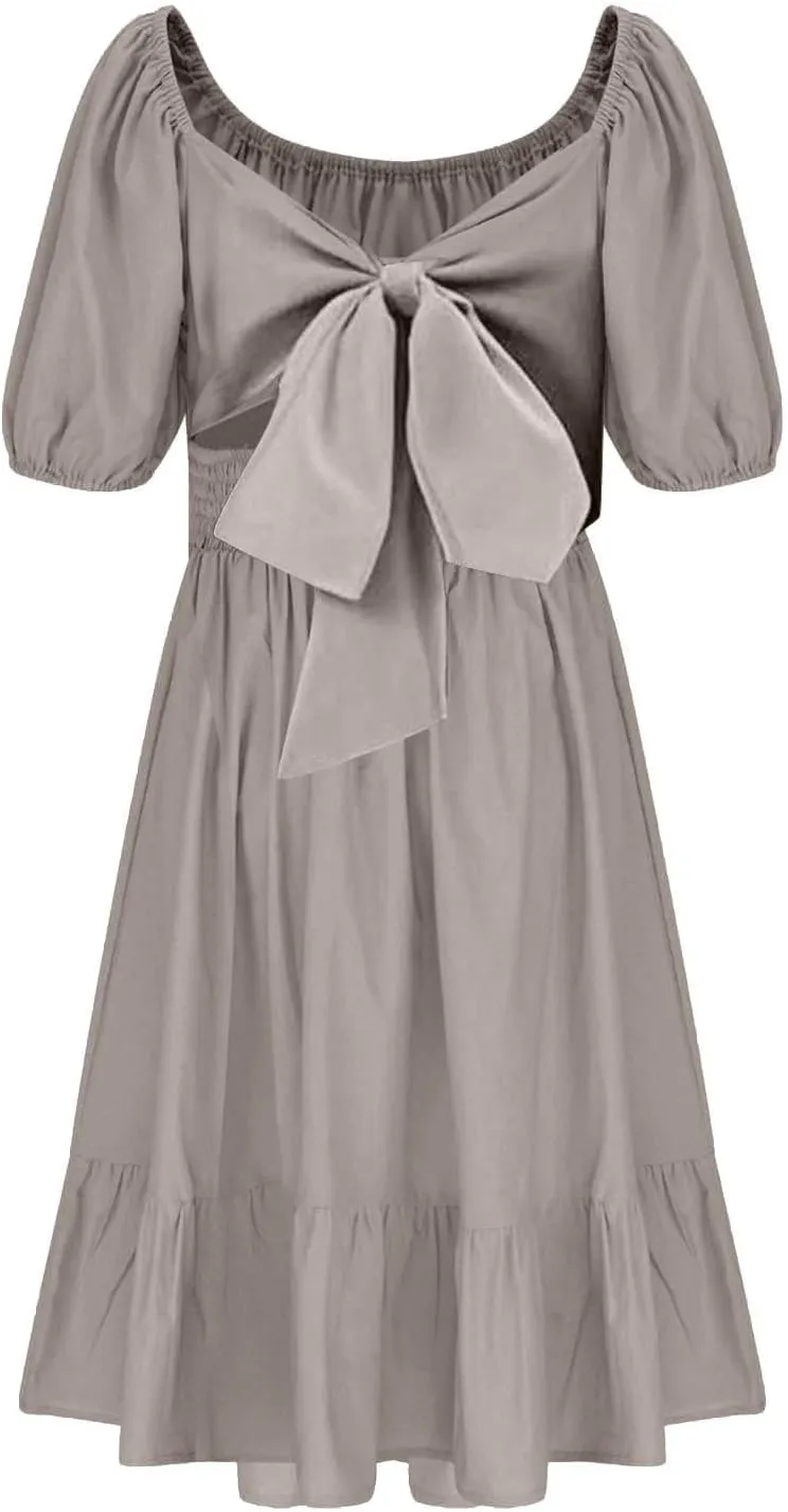 Girls Summer Dresses Girls Square Neck Lantern Sleeve Tie Backless Ruffle A-Line Party Mini Dress