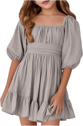 Girls Summer Dresses Girls Square Neck Lantern Sleeve Tie Backless Ruffle A-Line Party Mini Dress