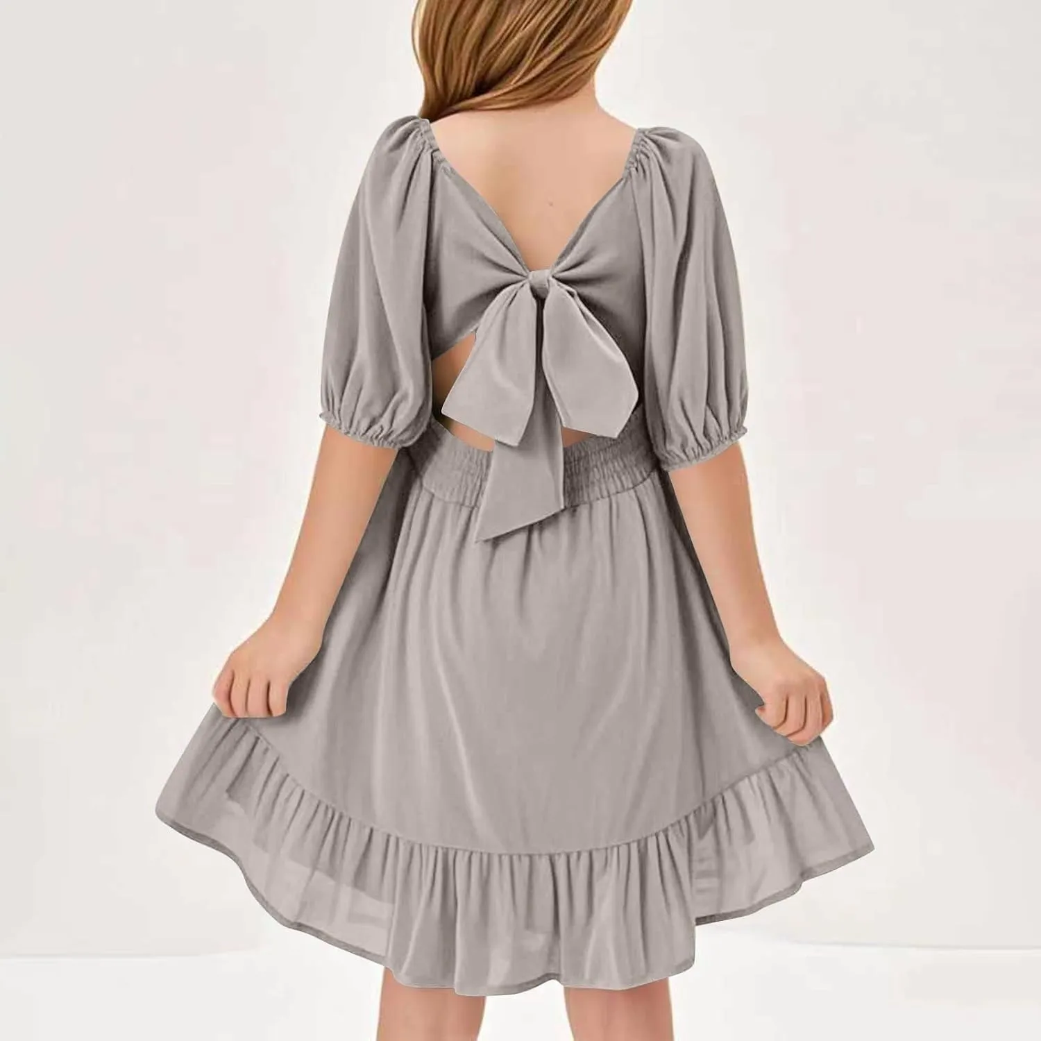 Girls Summer Dresses Girls Square Neck Lantern Sleeve Tie Backless Ruffle A-Line Party Mini Dress