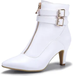 IDIFU Women's Buckle Strap Ankle Booties 3 Inch Pointed Toe Zipper Heels Dress Jeans Boots