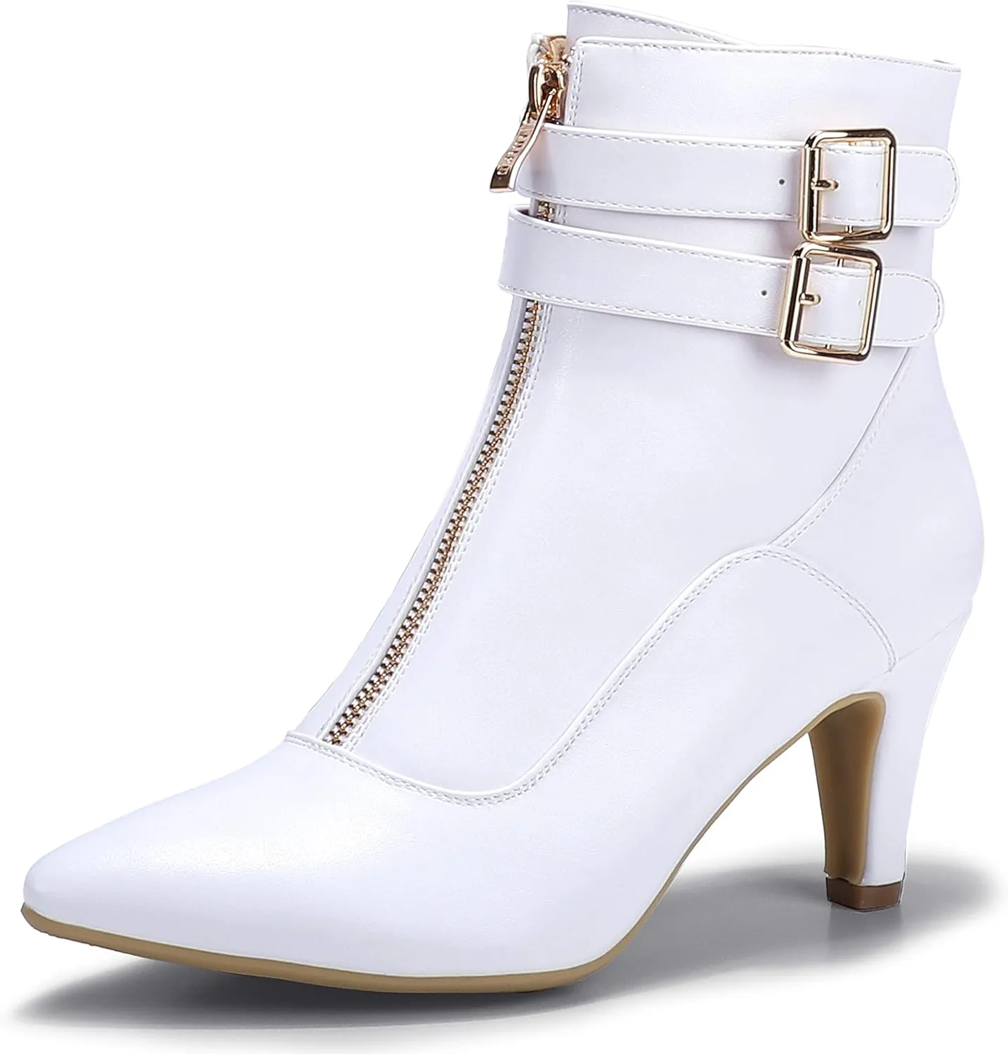 IDIFU Women's Buckle Strap Ankle Booties 3 Inch Pointed Toe Zipper Heels Dress Jeans Boots