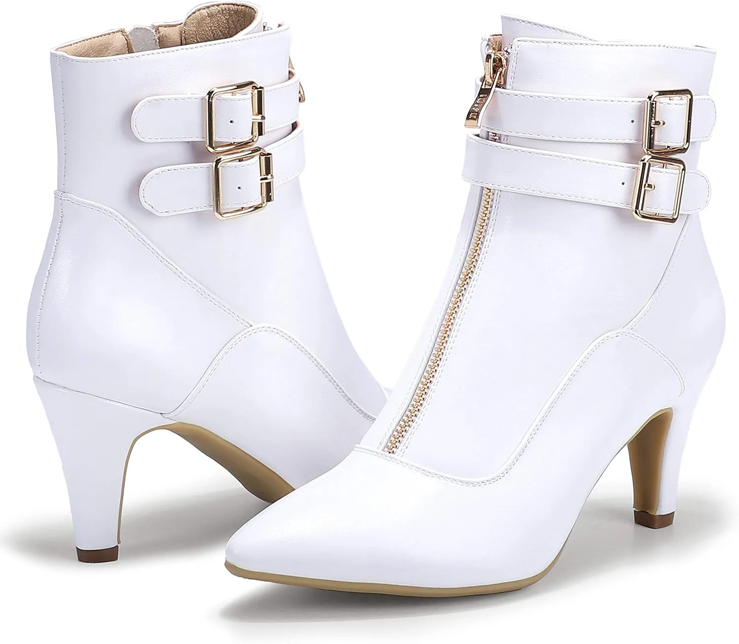 IDIFU Women's Buckle Strap Ankle Booties 3 Inch Pointed Toe Zipper Heels Dress Jeans Boots