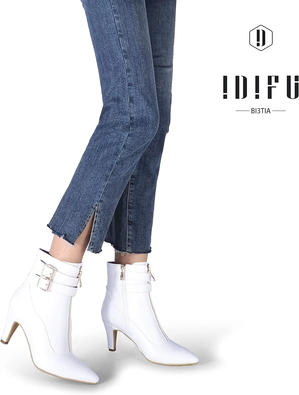 IDIFU Women's Buckle Strap Ankle Booties 3 Inch Pointed Toe Zipper Heels Dress Jeans Boots
