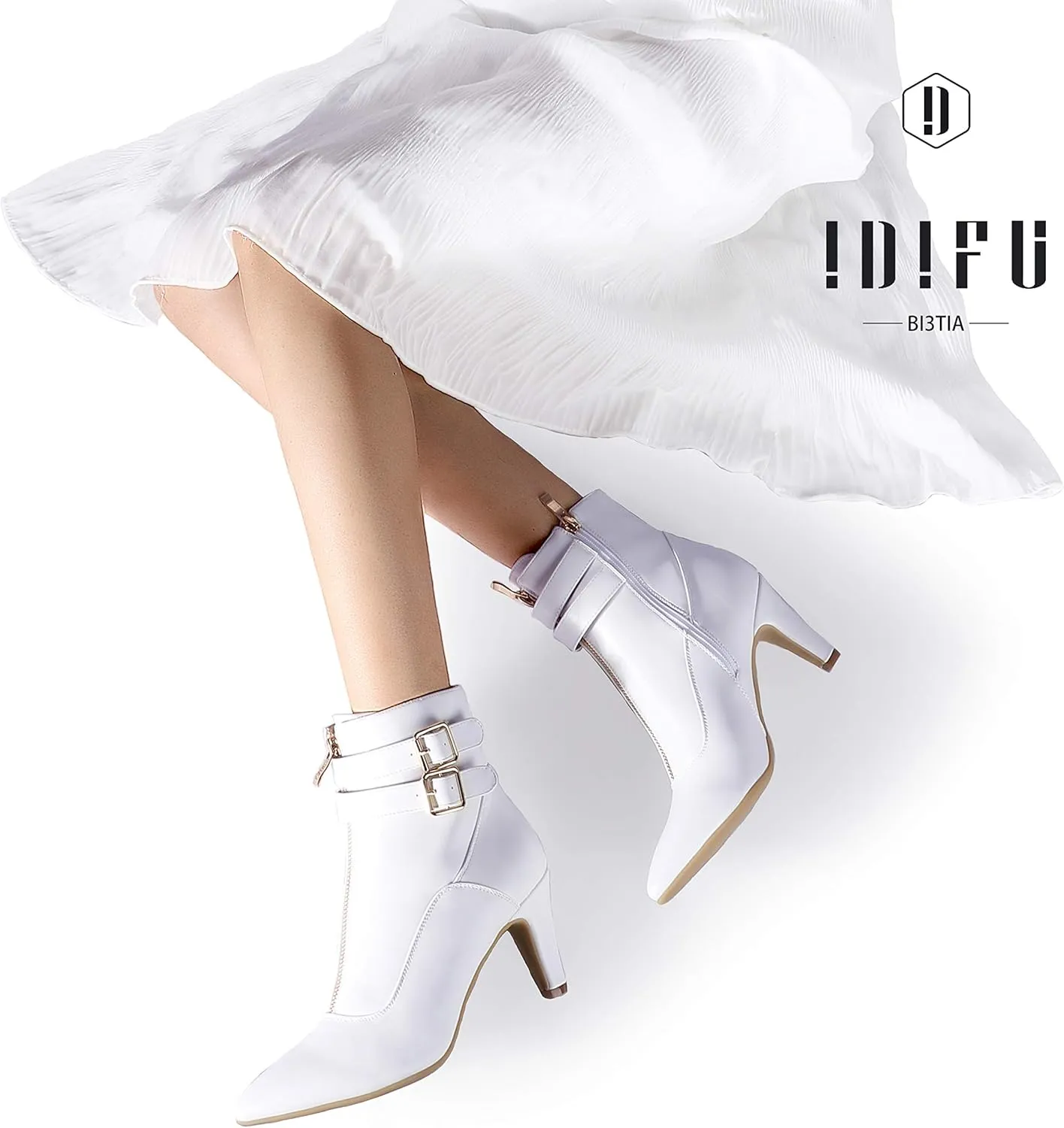 IDIFU Women's Buckle Strap Ankle Booties 3 Inch Pointed Toe Zipper Heels Dress Jeans Boots
