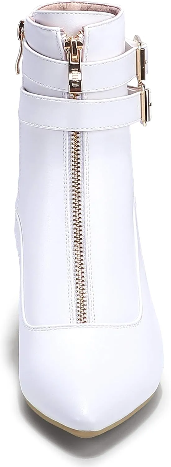 IDIFU Women's Buckle Strap Ankle Booties 3 Inch Pointed Toe Zipper Heels Dress Jeans Boots