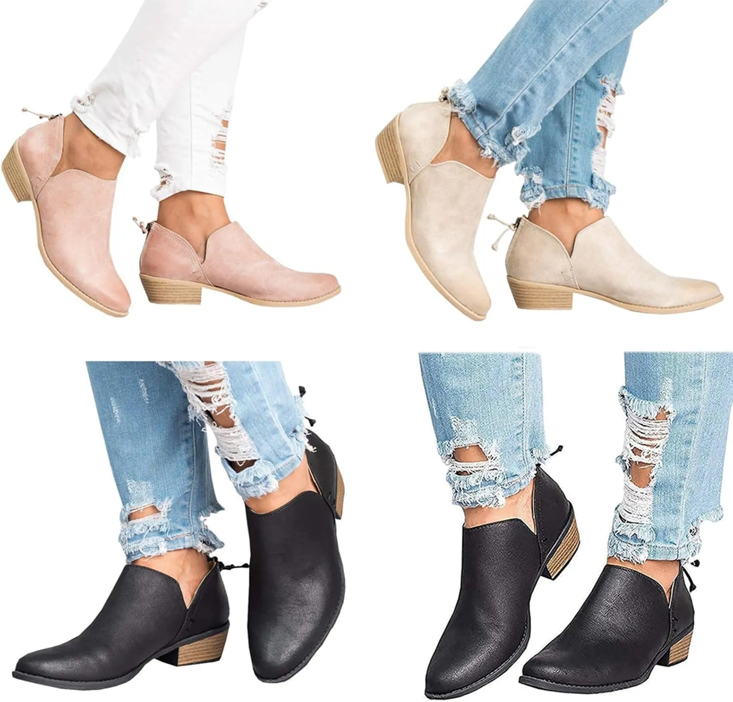JITUUE Ankle Boots for Women Loafers Slip On Shoes Chunky Block Low Heels Office Pointed Toe Booties with Zipper Tassels