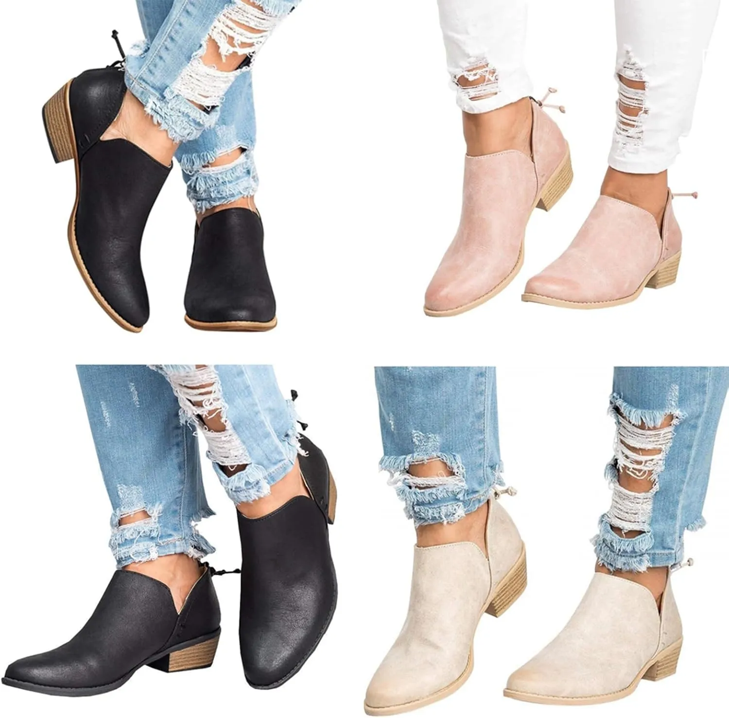 JITUUE Ankle Boots for Women Loafers Slip On Shoes Chunky Block Low Heels Office Pointed Toe Booties with Zipper Tassels